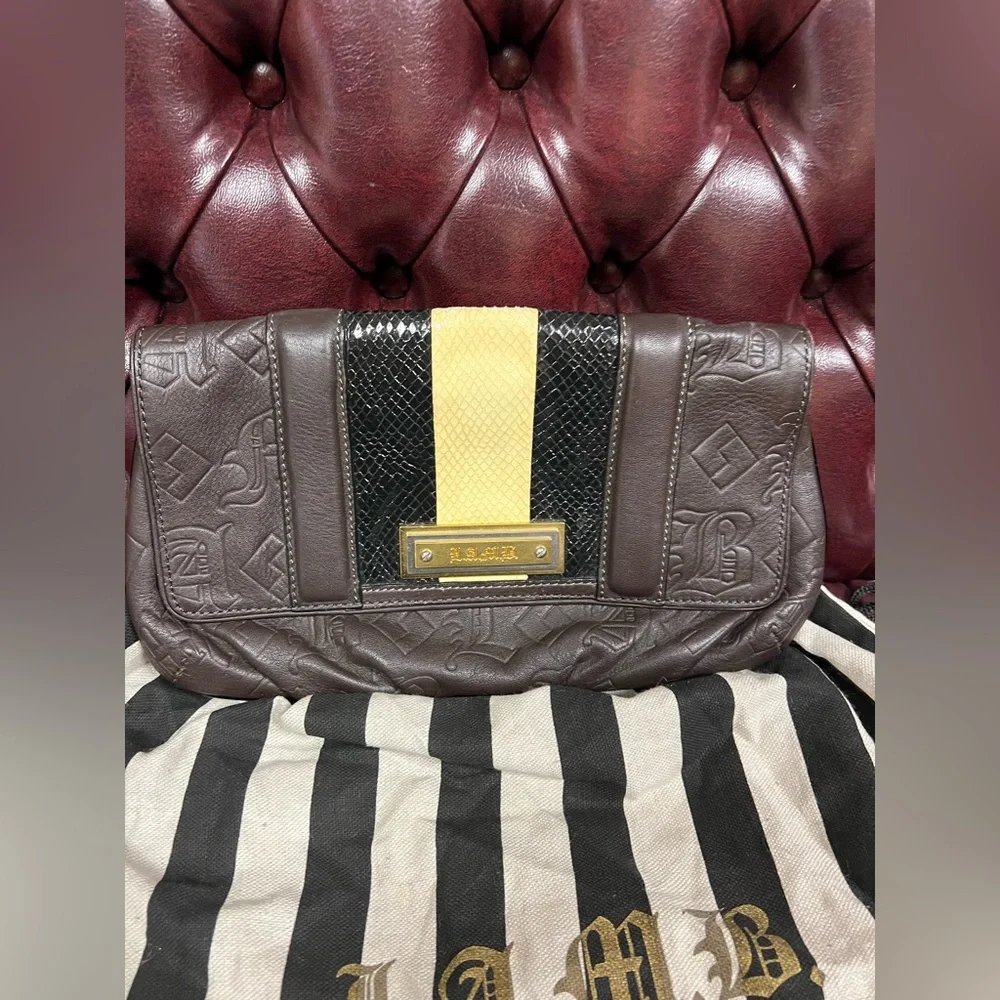 L.A.M.B. Dorset Chocolate Brown Leather Clutch with Faux Snakeskin